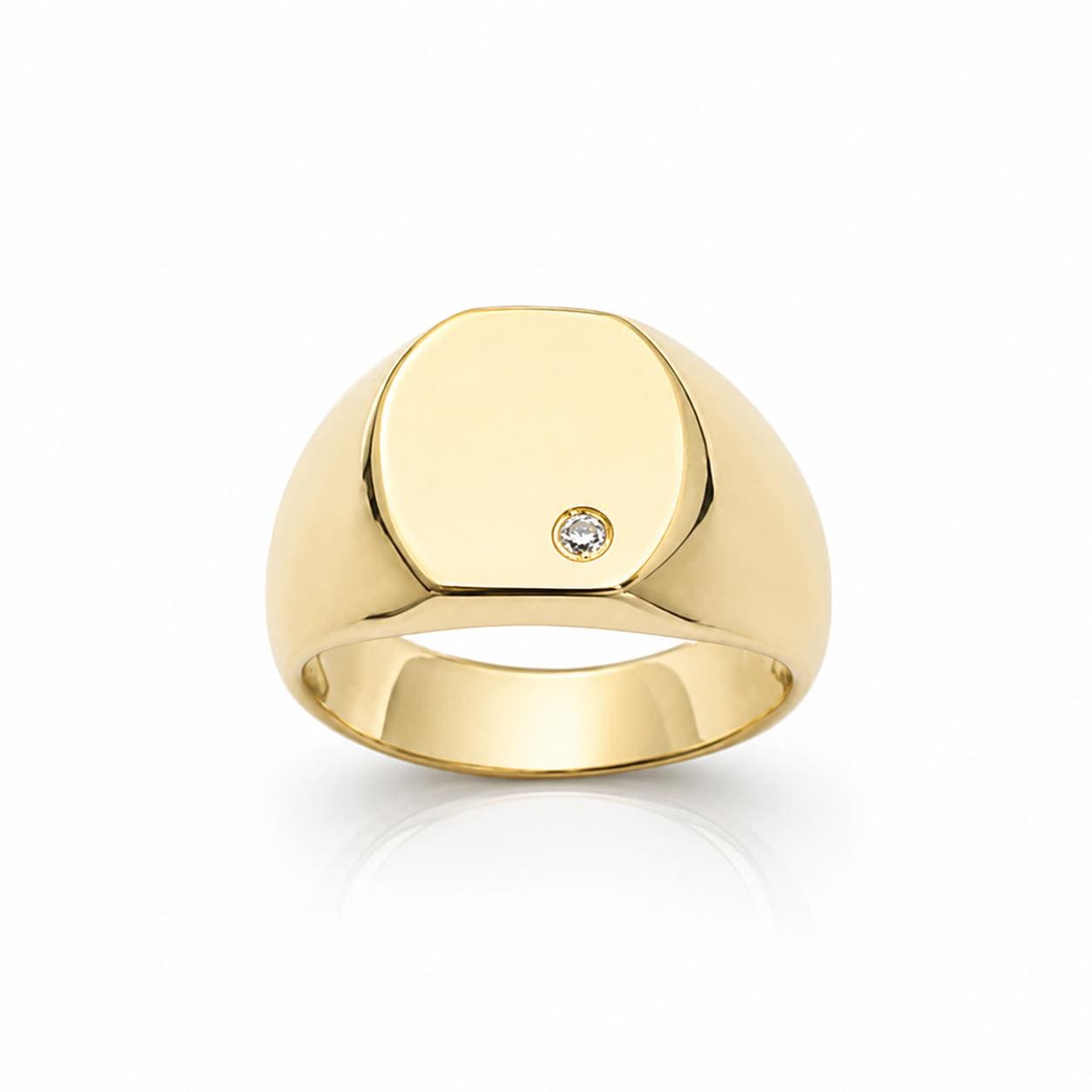 Bague chevalière • Plaqué Or 18K • Face carré arrondi serti diamant Cz • Bijou à graver pour homme