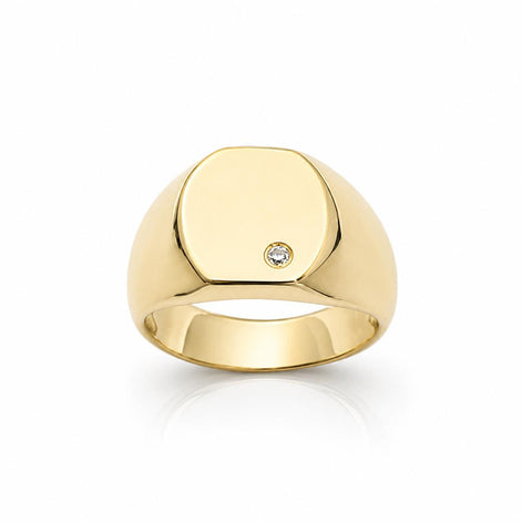 Bague chevalière • Plaqué Or 18K • Face carré arrondi serti diamant Cz • Bijou à graver pour homme
