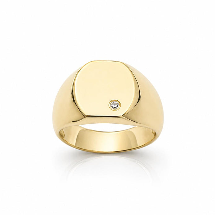 Bague chevalière • Plaqué Or 18K • Face carré arrondi serti diamant Cz • Bijou à graver pour homme