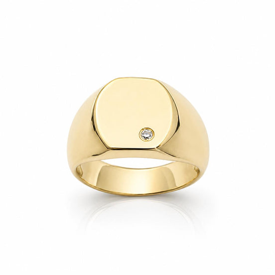 Bague chevalière • Plaqué Or 18K • Face carré arrondi serti diamant Cz • Bijou à graver pour homme
