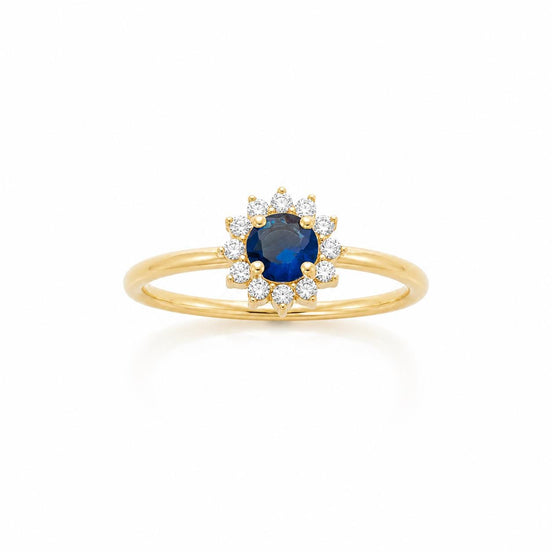 Bague classique marguerite • Plaqué Or 18K • Anneau serti saphir Cz & diamant Cz forme de rayons de soleil • Bijou élégant