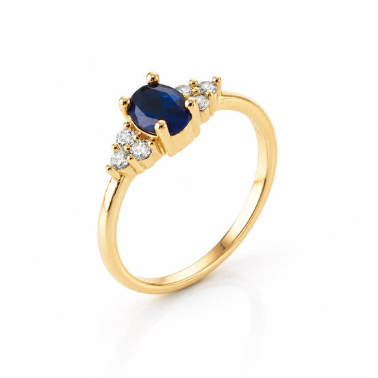 Bague saphir classique ovale • Plaqué Or 18K • Anneau serti pierres diamant Cz côté • Bijou élégant