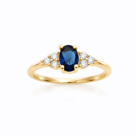 Bague saphir classique ovale • Plaqué Or 18K • Anneau serti pierres diamant Cz côté • Bijou élégant