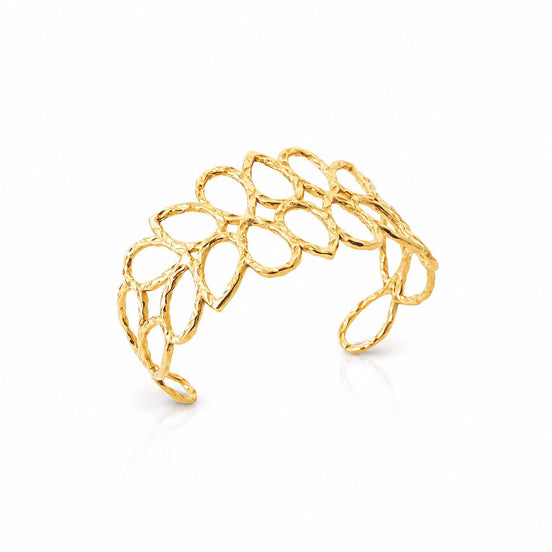 Manchette filigrane feuilles martelés • Doré à l'Or fin 18K • Bracelet rigide ajouré motif végétal • Bijoux élégant à offrir