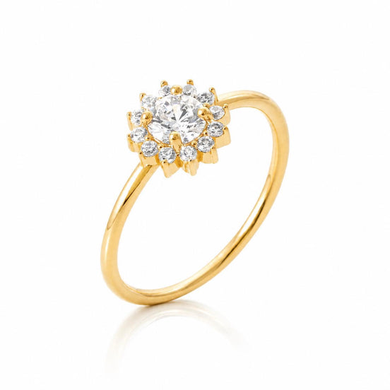 Bague classique marguerite • Plaqué Or 18K • Anneau serti diamant Cz forme de rayons de soleil • Bijou élégant