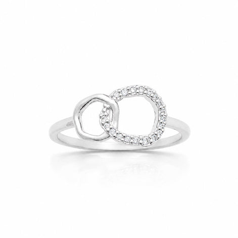 Bague double cercle • Argent 925 • Anneau ouvert maillons serti diamant Cz • Bijou deux anneaux entrelacés