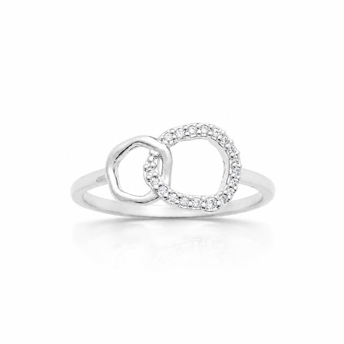 Bague double cercle • Argent 925 • Anneau ouvert maillons serti diamant Cz • Bijou deux anneaux entrelacés
