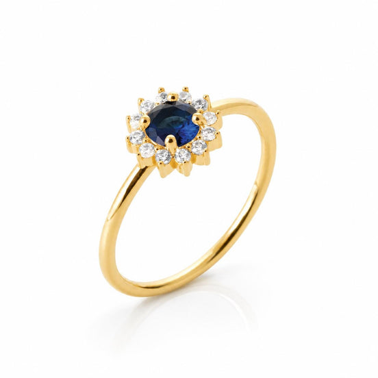 Bague classique marguerite • Plaqué Or 18K • Anneau serti saphir Cz & diamant Cz forme de rayons de soleil • Bijou élégant