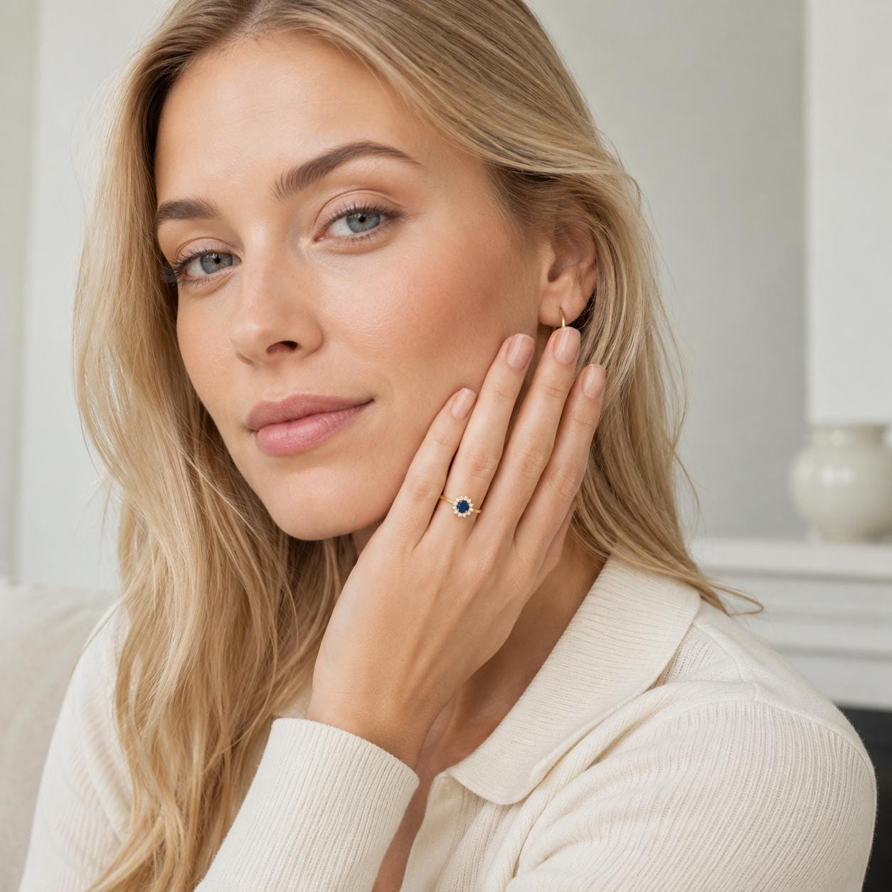 Bague classique marguerite • Plaqué Or 18K • Anneau serti saphir Cz & diamant Cz forme de rayons de soleil • Bijou élégant