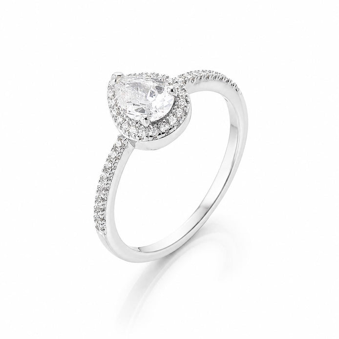Bague Solitaire goutte • Argent 925 • Anneau serti pierres diamant Cz pavage autour • Bijou élégant