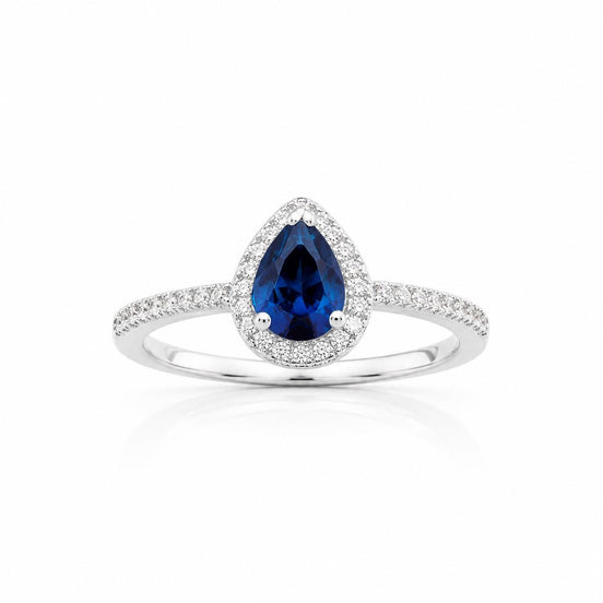 Bague solitaire goutte saphir • Argent 925 • Anneau serti pierres diamant Cz pavage autour • Bijou élégant
