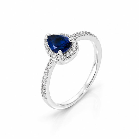 Bague solitaire goutte saphir • Argent 925 • Anneau serti pierres diamant Cz pavage autour • Bijou élégant