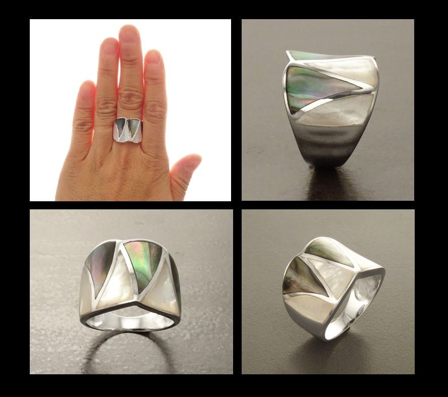 Shell Crossing Ring, Sterling Silver, GENUINE Grey Paua and White Mother of Pearl Shell, Modern Geometric Orginal Design, Wide Band Ring