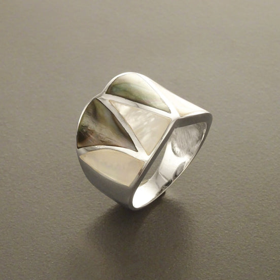 Shell Crossing Ring, Sterling Silver, GENUINE Grey Paua and White Mother of Pearl Shell, Modern Geometric Orginal Design, Wide Band Ring