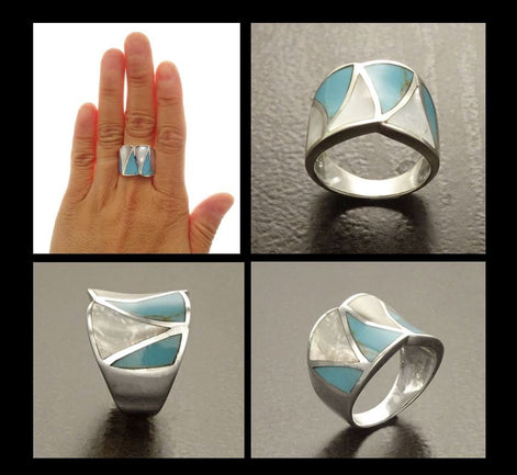 Turquoise Ring, Sterling Silver, Crossing Blue Turquoise Stone Ring, White Mother of Pearl Shell, Geometrical Framed Design Stones Jewelry