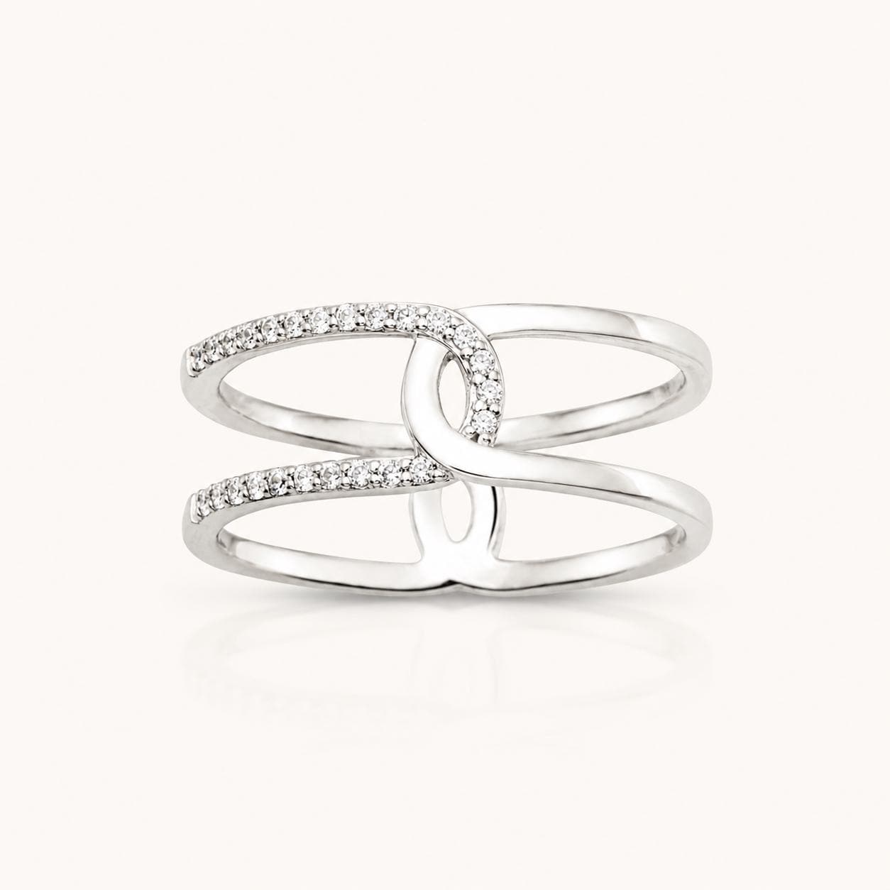 Bague infini croisé • Argent 925 • Anneau double boucle • Pavage pierres diamant CZ • Bijou élégant