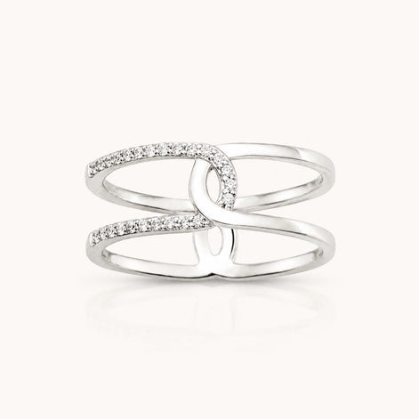 Bague infini croisé • Argent 925 • Anneau double boucle • Pavage pierres diamant CZ • Bijou élégant