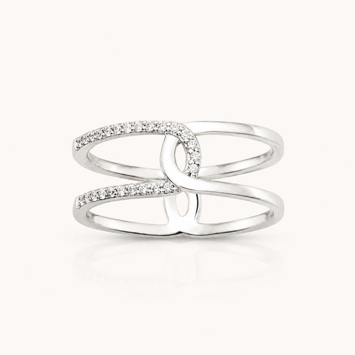 Bague infini croisé • Argent 925 • Anneau double boucle • Pavage pierres diamant CZ • Bijou élégant