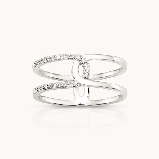 Bague infini croisé • Argent 925 • Anneau double boucle • Pavage pierres diamant CZ • Bijou élégant