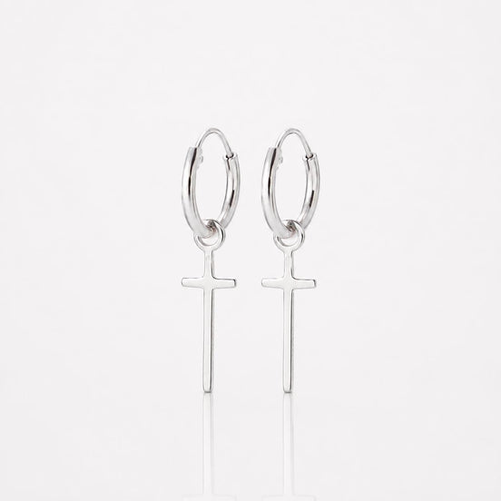 Créoles longue croix • Argent 925 • Anneaux d'oreilles charm pendentif • Petite Créole unisexe