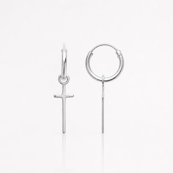 Créoles longue croix • Argent 925 • Anneaux d'oreilles charm pendentif • Petite Créole unisexe