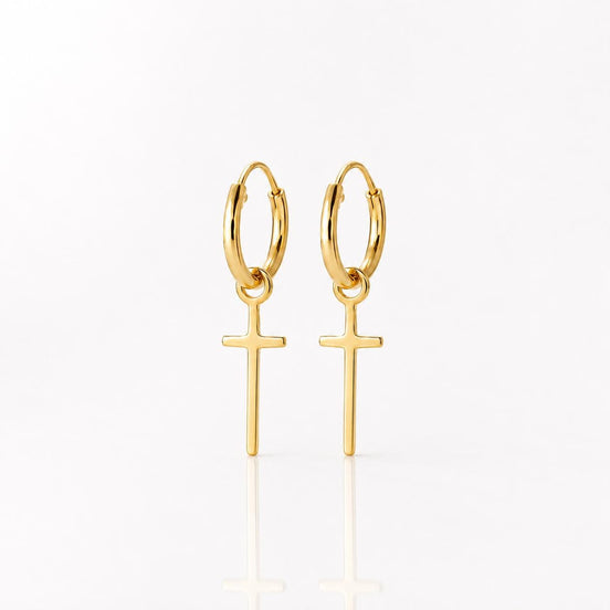 Créoles longue croix • Plaqué Or 18K • Anneaux d'oreilles charm pendentif • Petite Créole unisexe