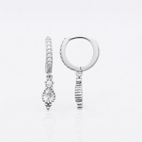Créoles pendant oval • Argent 925 • Pendentif forme de goutte pavage diamant CZ • Anneaux d'oreilles pavage pierres