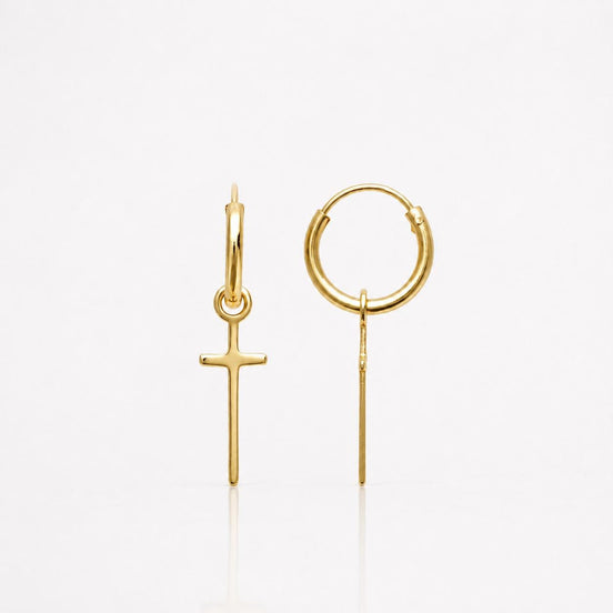 Créoles longue croix • Plaqué Or 18K • Anneaux d'oreilles charm pendentif • Petite Créole unisexe