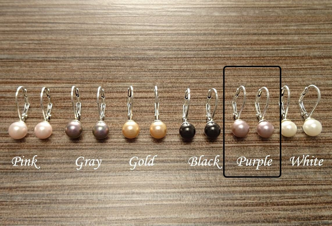 Purple Earrings, Sterling Silver, GENUINE Shell Pearl Jewelry, Lever Back Earrings, Minimalist 10 mm Balls, Prom, Wedding, Bridesmaids Gifts