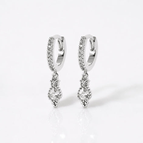 Créoles pendant oval • Argent 925 • Pendentif forme de goutte pavage diamant CZ • Anneaux d'oreilles pavage pierres
