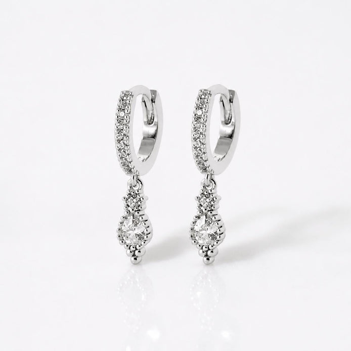 Créoles pendant oval • Argent 925 • Pendentif forme de goutte pavage diamant CZ • Anneaux d'oreilles pavage pierres