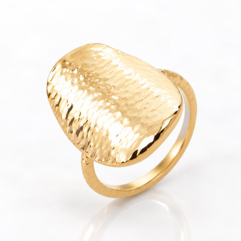 Bague armure martelée • Plaqué Or 18K •Anneau oval texturé petits creux • Bijou design moderne