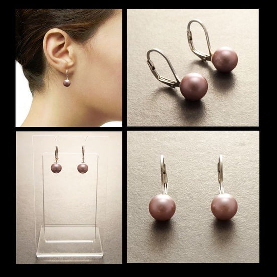 8 mm GENUINE Purple Shell Pearl Earrings, Sterling Silver, Lever Back Earrings, Minimalist, Pearl Jewelry, Prom, Wedding, Bridesmaids Gifts