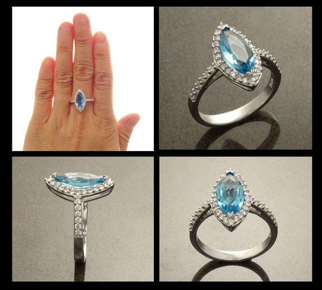 925 Blue Oval Ring Sterling Silver, Marquise Form Shape, Topaz Color Cz stone and White Stones CZ, Woman Jewelry