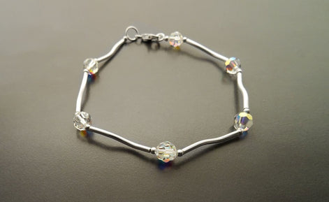 Crystal Balls Bracelet, Sterling Silver, White Clear Beaded Stone Bracelet, Modern Faceted Borealis Rainbow Crystal stones Beads