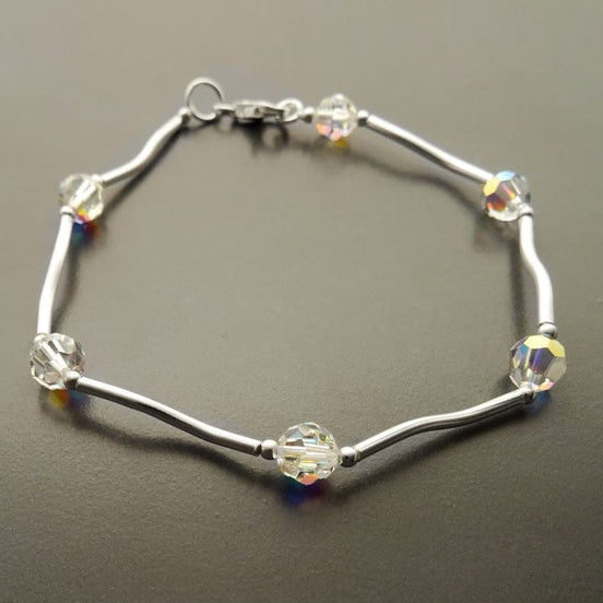 Crystal Balls Bracelet, Sterling Silver, White Clear Beaded Stone Bracelet, Modern Faceted Borealis Rainbow Crystal stones Beads