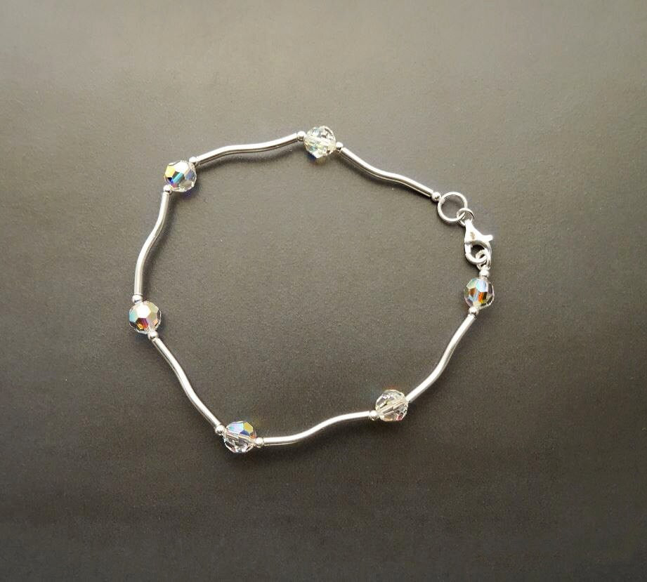 Crystal Balls Bracelet, Sterling Silver, White Clear Beaded Stone Bracelet, Modern Faceted Borealis Rainbow Crystal stones Beads