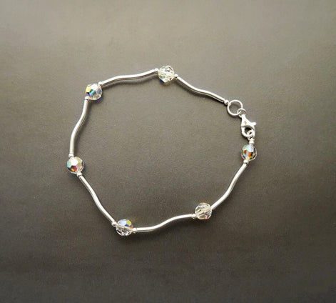 Crystal Balls Bracelet, Sterling Silver, White Clear Beaded Stone Bracelet, Modern Faceted Borealis Rainbow Crystal stones Beads