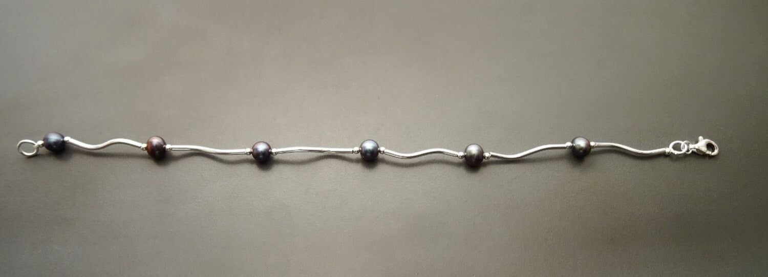 Tahitian Style Pearl Bracelet, Sterling Silver, Modern Jewelry