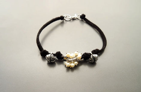 Boho Black Bracelet, Solid Sterling Silver Clasp and Parts, Black Leather with Natural White Fresh Water Pearls, Pearl Stone Jewelry Gift