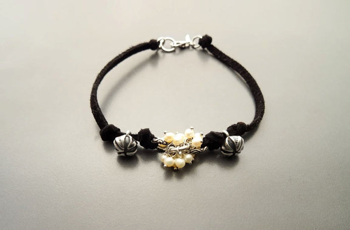 Boho Black Bracelet, Solid Sterling Silver Clasp and Parts, Black Leather with Natural White Fresh Water Pearls, Pearl Stone Jewelry Gift