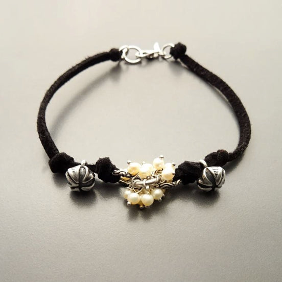 Boho Black Bracelet, Solid Sterling Silver Clasp and Parts, Black Leather with Natural White Fresh Water Pearls, Pearl Stone Jewelry Gift