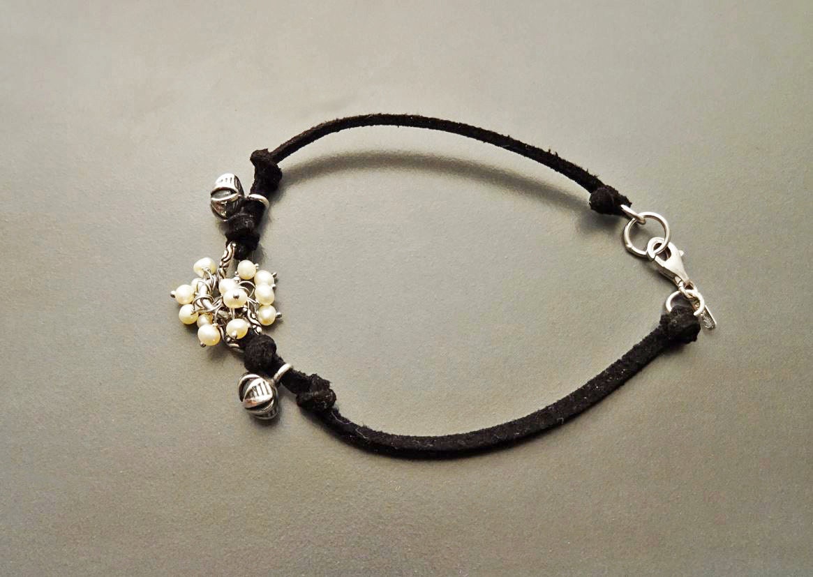 Boho Black Bracelet, Solid Sterling Silver Clasp and Parts, Black Leather with Natural White Fresh Water Pearls, Pearl Stone Jewelry Gift