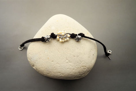 Boho Black Bracelet, Solid Sterling Silver Clasp and Parts, Black Leather with Natural White Fresh Water Pearls, Pearl Stone Jewelry Gift