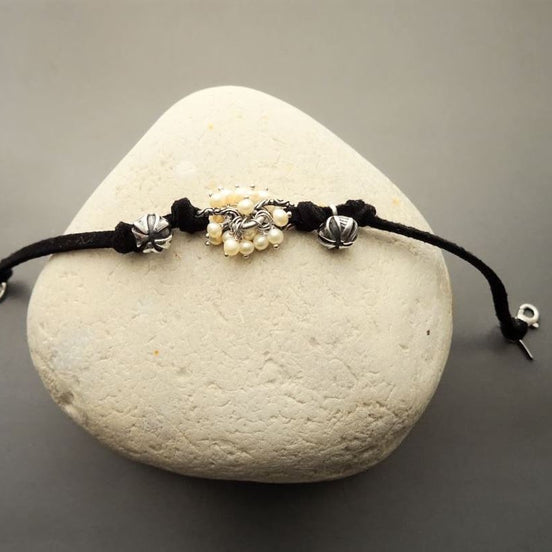 Boho Black Bracelet, Solid Sterling Silver Clasp and Parts, Black Leather with Natural White Fresh Water Pearls, Pearl Stone Jewelry Gift