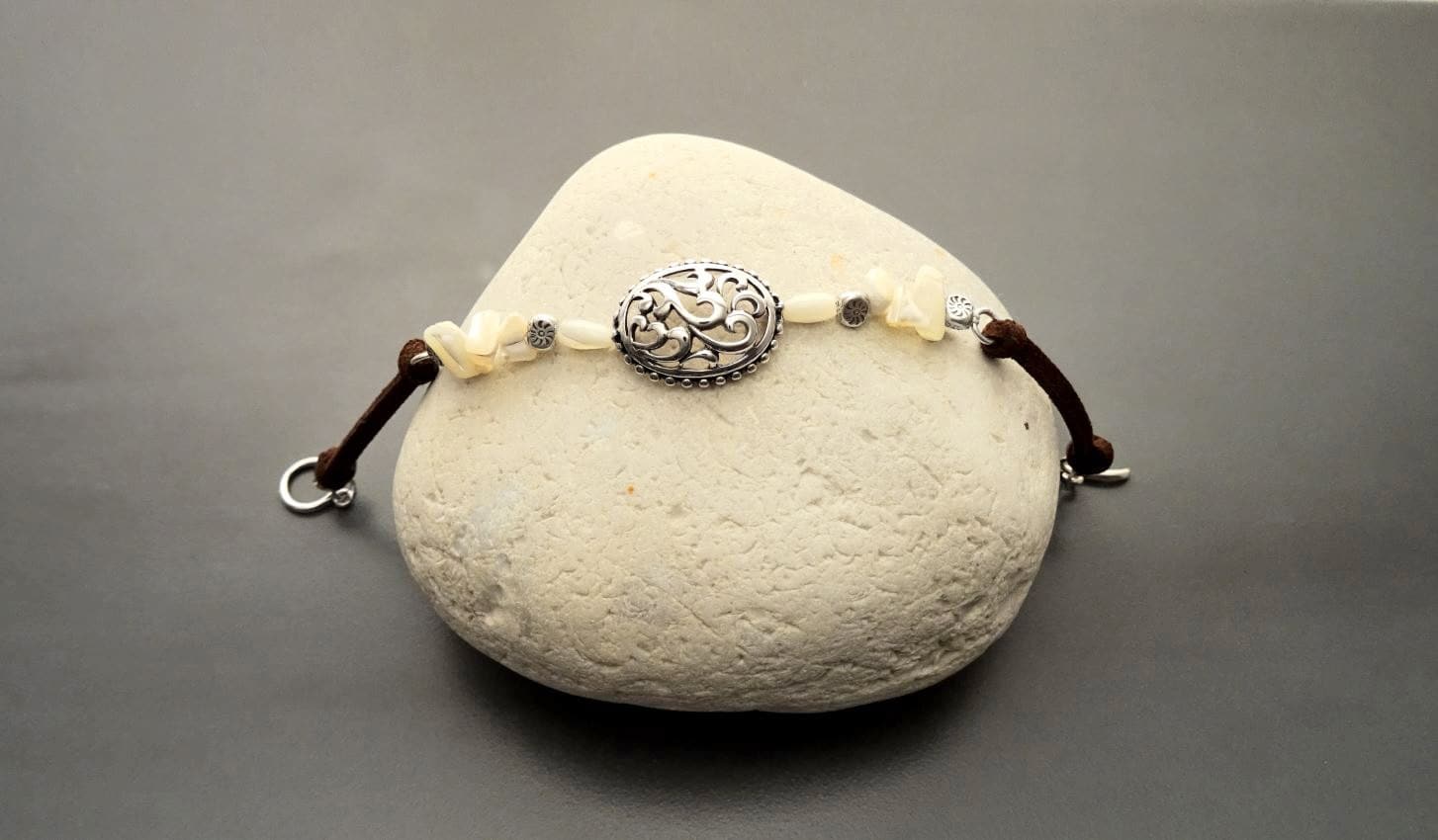 Baroque Brown Bracelet, Sterling Silver, Raw White Mother of Pearl Shell, Vintage Boho Stone Filigree jewelry, Leather Cord Bracelet