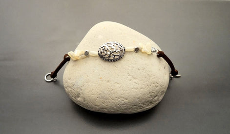 Baroque Brown Bracelet, Sterling Silver, Raw White Mother of Pearl Shell, Vintage Boho Stone Filigree jewelry, Leather Cord Bracelet