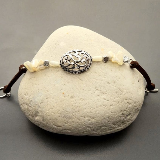 Baroque Brown Bracelet, Sterling Silver, Raw White Mother of Pearl Shell, Vintage Boho Stone Filigree jewelry, Leather Cord Bracelet