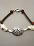 Baroque Brown Bracelet, Sterling Silver, Raw White Mother of Pearl Shell, Vintage Boho Stone Filigree jewelry, Leather Cord Bracelet