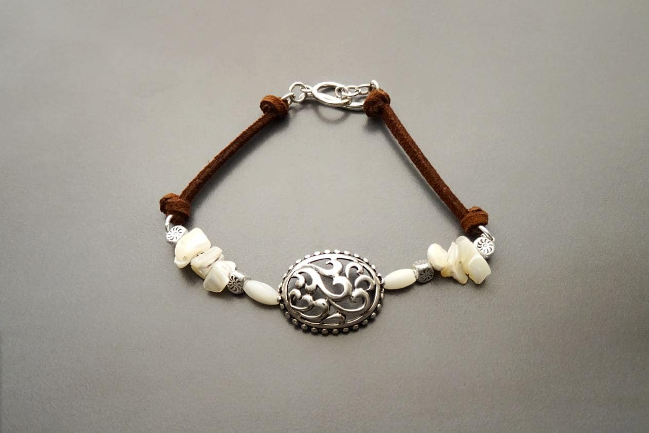Baroque Brown Bracelet, Sterling Silver, Raw White Mother of Pearl Shell, Vintage Boho Stone Filigree jewelry, Leather Cord Bracelet